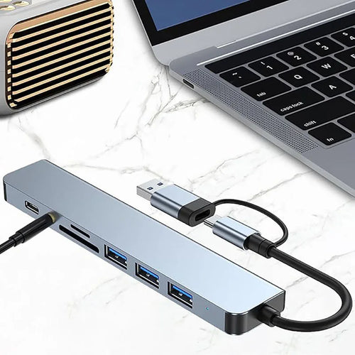 8-in-1 USB C Hub 4 USB-Anschlüsse 1 USB-C-Buchse TF/SD-Kartenleser 3,5-mm-Audioausgang für MacBook Pro iPad Pro iPhone 15 Laptop
