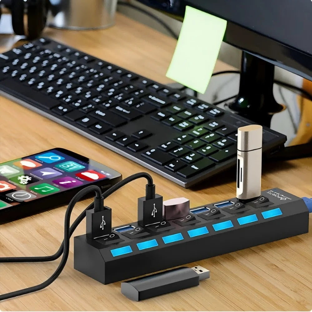 7 Ports USB 2.0 Hub LED 5Gbps High Speed Multiports USB Power Adapter Expander USB Splitter With Switch For Laptop Computer Home